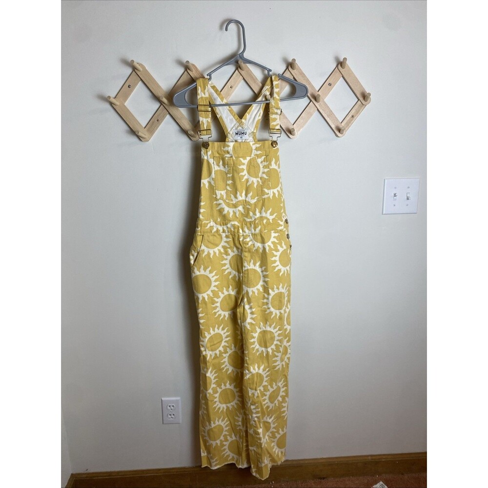 SHOW ME YOUR MUMU MARFA PARADISE SUN PRINT YELLOW DENIM OVERALLS XS $188 - Picture 2 of 8